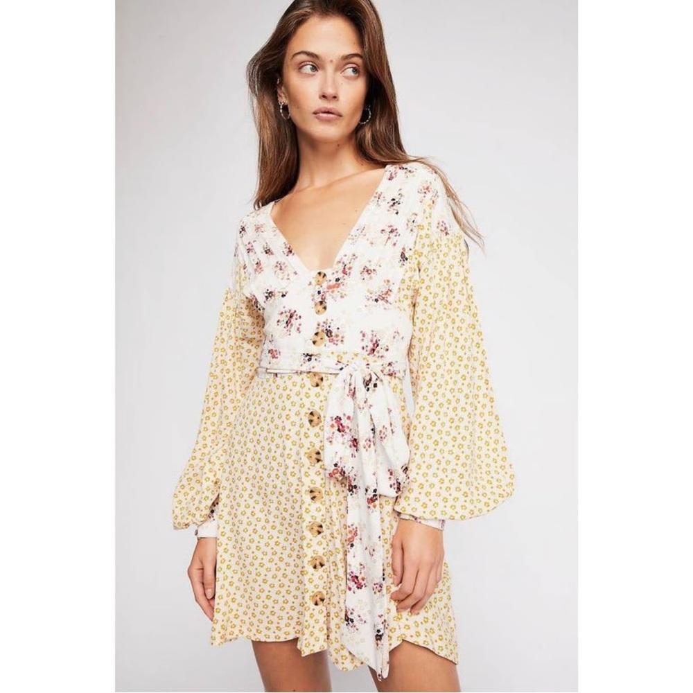 Free People Wonderland Floral Printed Mini Dress in Ivory Women’s Small